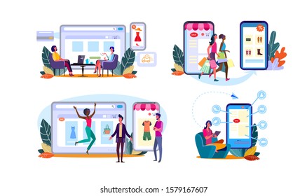 Set of women customers enjoying shopping online. Happy buyers people walking and sitting in home armchairs ordering clothes on website stores on smartphones. E-commerce flat vector illustration