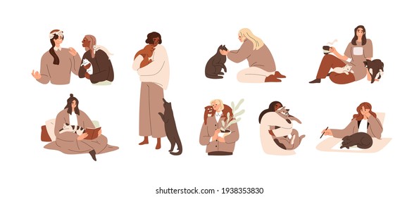 Set of women with cute cats. Female pet owners with animals at home. Scenes with happy people and funny adorable kitties. Colored flat vector illustration isolated on white background