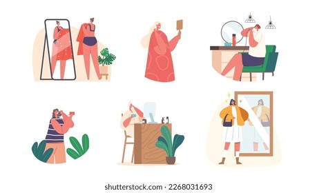 Set Women Daily Routine Concept. Young Female Characters Hygiene Procedures front of the Mirror. Girl Comb Hair, Apply Facial Mask, Rouge, Curl Hair, Dress On at Home. Cartoon Vector Illustration