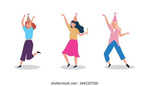 set of women dancing with party hat