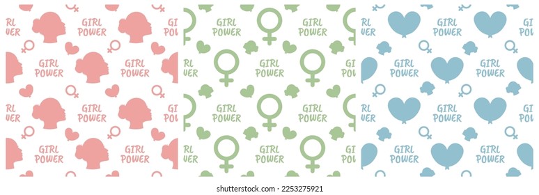 Set of Women Day Seamless Pattern Design with Girl Ornament in Template Hand Drawn Cartoon Flat Illustration