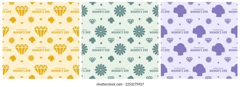 Set of Women Day Seamless Pattern Design with Girl Ornament in Template Hand Drawn Cartoon Flat Illustration