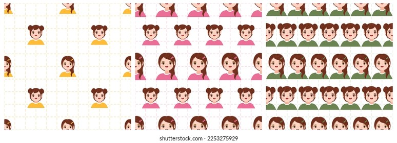 Set of Women Day Seamless Pattern Design with Girl Ornament in Template Hand Drawn Cartoon Flat Illustration