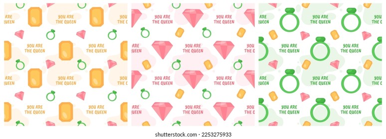 Set of Women Day Seamless Pattern Design with Girl Ornament in Template Hand Drawn Cartoon Flat Illustration