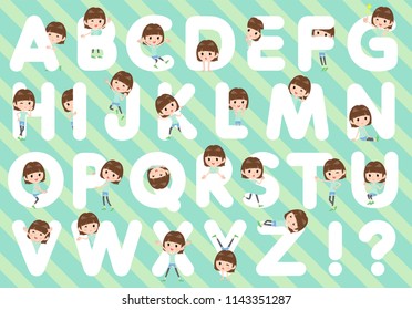 A set of women designed with alphabet.Characters with fun expressions pose various poses.It's vector art so it's easy to edit.
