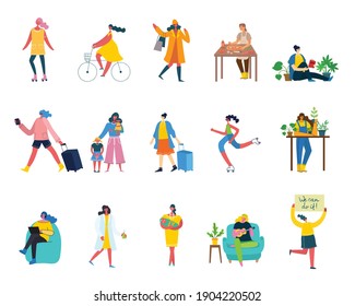 Set of women with different activities and things - book, work on laptop, search with magnifier, communicate. Vector graphic objects for collages and illustrations. Modern colorful flat style.