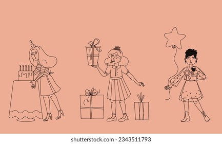 Set of women with different birthday items. Female characters in outline style.