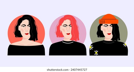 Set of women of different clothes. Diversity. Vector flat illustration. Avatar for a social network. Vector flat illustration