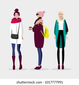 Set of women in different clothes, in different situations, evening dresses, casual, working clothes. Vector illustration, people in cartoon style.