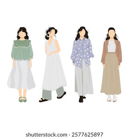 Set of women in different dresses. Vector illustration in flat style.