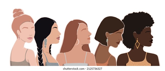 Set of women of different ethnic groups together. Vector modern flat illustration.