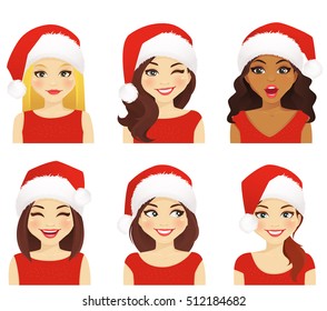 Set of women with different facial expressions in christmas santa hat isolated