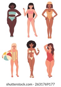 Set of women with different figures in swimsuits. Body positive. Flat vector illustration.
