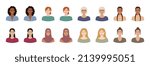 Set of women with different hairstyles, skin colors, races, ages. Diverse portraits of smiling and dissatisfied women. Variations of female facial expressions. Flat vector illustration.
