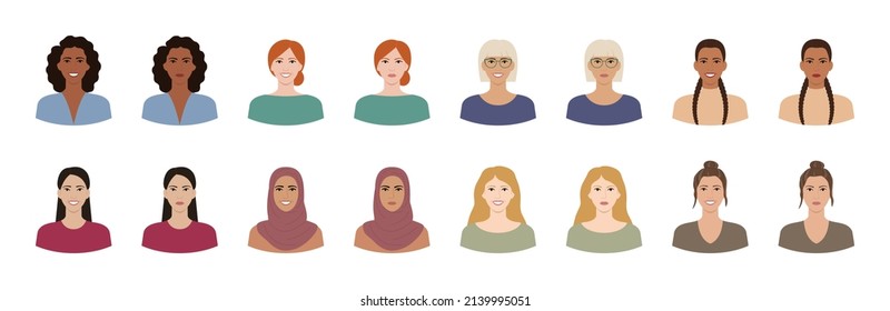 Set of women with different hairstyles, skin colors, races, ages. Diverse portraits of smiling and dissatisfied women. Variations of female facial expressions. Flat vector illustration.