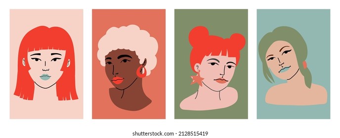 Conjunto de mujeres con diferente tipo de belleza. Niñas con diferentes colores de cabello y piel, nacionalidades. Feliz Día Internacional de la Mujer. 