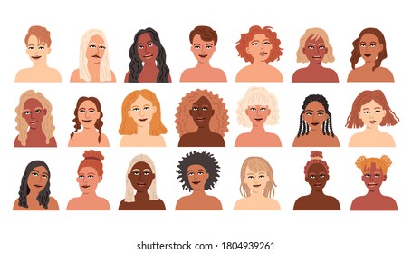 Set of women different nationalities. Collection of profile portraits or heads of female cartoon characters. Various skin colors and hairstyles. Set of avatars. Vector, flat design