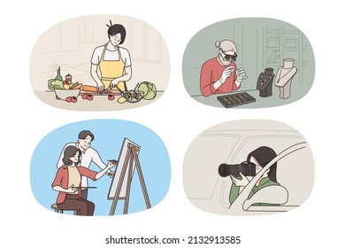 Conjunto de mujeres y diferentes ocupaciones y profesiones. La recolección de mujeres tiene diversos trabajos y carreras. Empleo. Cocinero, joyero, artista y fotógrafo. Ilustración vectorial. 