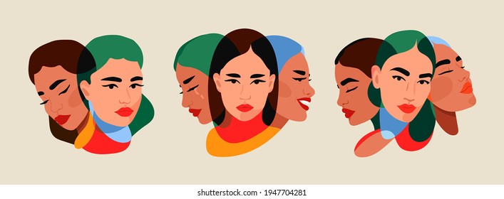 Set Of Women With Different Personalities. Split Personality, Bipolar Disorder, Mood, Emotions, Mind Mental, Psycho Therapy Concept. Abstract Vector Illustrations