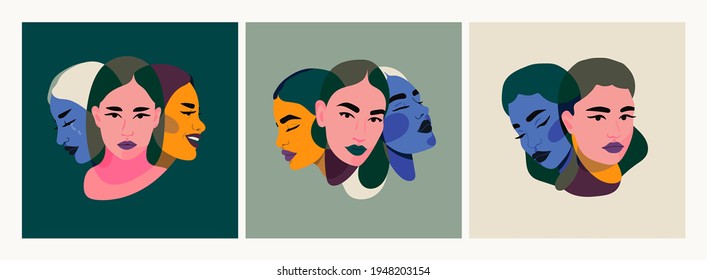 Set of Women with different personalities. Split Personality, bipolar disorder, Mood, emotions, mind Mental, psycho therapy concept. Abstract isolated Vector illustrations. 