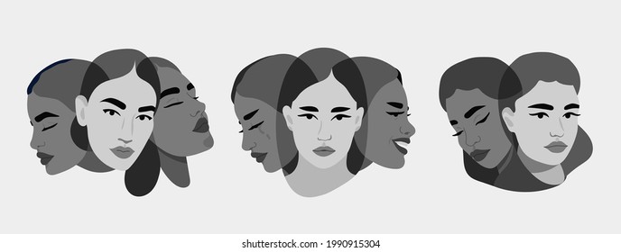 Set Of Women With Different Personalities. Split Personality, Bipolar Disorder, Mood, Emotions, Mind Mental, Psycho Therapy Concept. Abstract Vector Illustrations