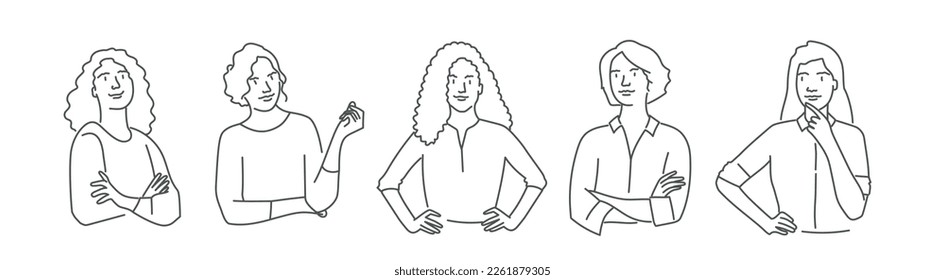 Set of women in different poses. Hand drawn vector illustration.