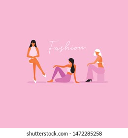 Set of women in different poses isolated on pastel background : Vector Illustration