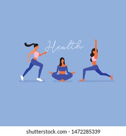 Set of women in different poses isolated on pastel background : Vector Illustration