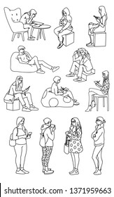 Set of women in different poses. Monochrome vector illustration of women standing and sitting in simple line art style. Black lines isolated on white background. Hand drawn sketch.