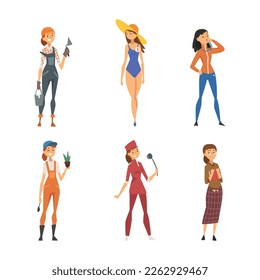 Set of women of different professions. Builder, fashion model, trainer, gardener, chef cook, librarian cartoon vector illustration
