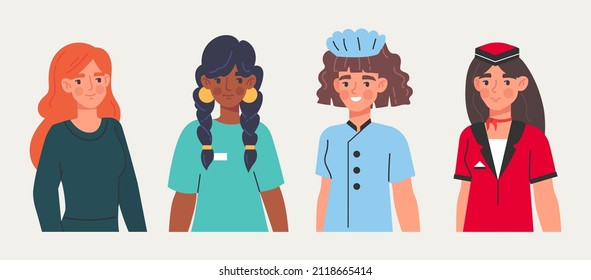 Set of women of different professions. Female characters doctor, flight attendant, cook and entrepreneur. Successful employees in uniform. Cartoon flat vector collection isolated on white background