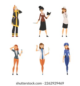 Set of women of different professions. Firefighter, teacher, doctor, police woman, scientist cartoon vector illustration