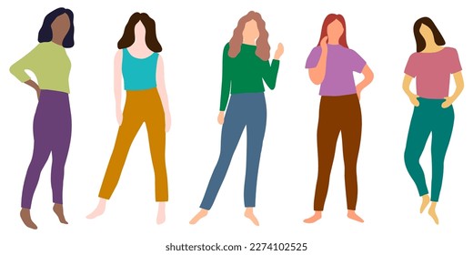 Poner a las mujeres de diferentes razas y etnias de lado a lado. Ilustración vectorial plana aislada en fondo blanco