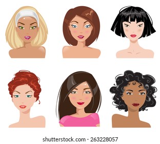 Set of women with different types of looks and hairstyles