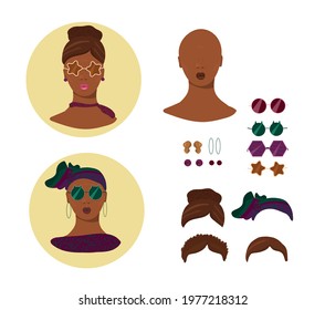Set of women. Different types of sunglasses, earrings and haircuts. Constructor of woman's face. Portrait of african woman