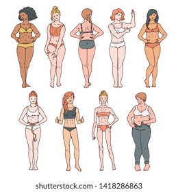 Set of women different weights and races in underwear, bras and panties. Fat and slim female body, overweight and thinness of Caucasian, Asian and African American women. Vector cartoon illustration.