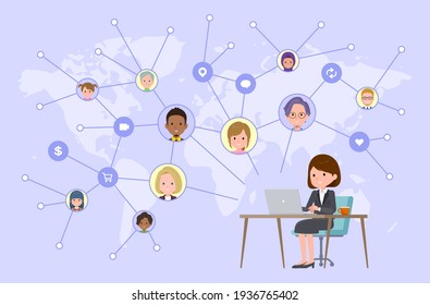 A set of women disseminating information on social media.It's vector art so easy to edit.