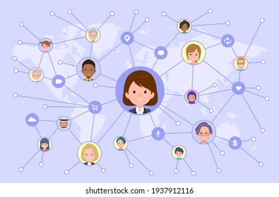 A set of women disseminating information on social media.It's vector art so easy to edit.