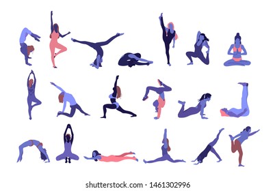 Set of women do yoga. Different asanas. Cartoon simple style. Relaxing body and balancing. Slim girl in different poses. Collection of yoga practice. Vector illustration. Isolated on white background.