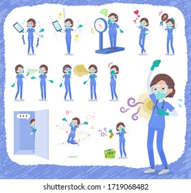 A set of women doctors wearing a surgical mask and goggle on inferiority complex.There are actions suffering from smell and appearance.It's vector art so it's easy to edit.