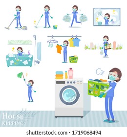 A set of women doctors wearing a surgical mask and goggle related to housekeeping such as cleaning and laundry.There are various actions such as child rearing.It's vector art so it's easy to edit.