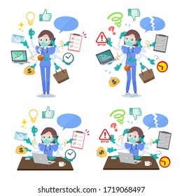 A Set Of Women Doctors Wearing A Surgical Mask And Goggle Who Perform Multitasking In The Office.There Are Things To Do Smoothly And A Pattern That Is In A Panic.It's Vector Art So It's Easy To Edit.