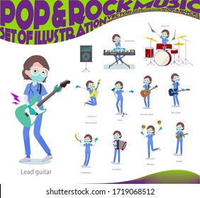A set of women doctors wearing a surgical mask and goggle playing rock 'n' roll and pop music.There are also various instruments such as ukulele and tambourine.It's vector art so it's easy to edit.