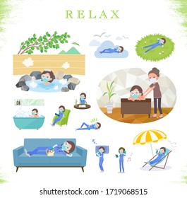 A set of women doctors wearing a surgical mask and goggle about relaxing.There are actions such as vacation and stress relief.It's vector art so it's easy to edit.