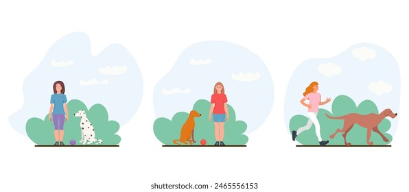 Set of women and dog. playing with their pets. Vector Illustrations. take care pet