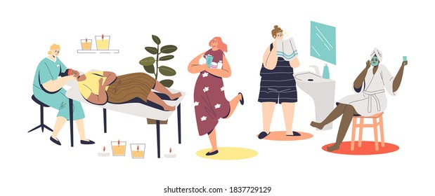 Set of women doing cosmetic procedures for skincare and face beauty with professional masks, creams and cleansers at home and in beauty salon. Cartoon vector illustration