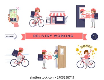 A set of women doing delivery work.It's vector art so easy to edit.