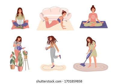 Set of women doing different home activities: working, studying, dancing, watering, vacuuming, meditating. Stay home and virus quarantine concept.  Happy people at home. Vector flat illustration 