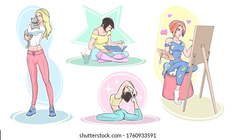 Set of women doing different home activities and hobbies: Pet love, Reading, Yoga, Painting. Stay home and virus quarantine concept. Happy people at home. Detailed colorful vector illustration