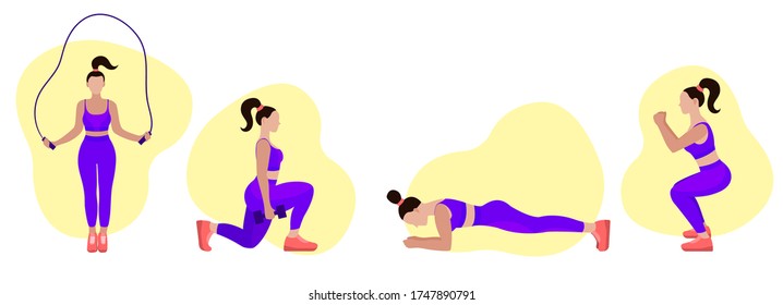 Set women doing exercises. Fitness concept. Jumping on a skipping rope. Does squats. Doing plank.Yoga pose collection. Cartoon style. Vector stock flat illustration.